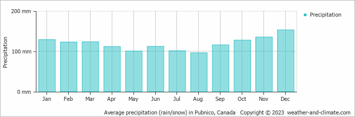Average monthly rainfall, snow, precipitation in Pubnico, Canada