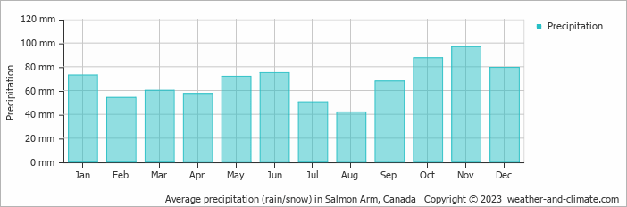 Average monthly rainfall, snow, precipitation in Salmon Arm, Canada