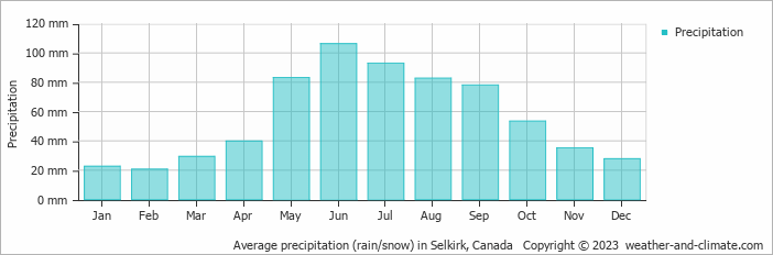 Average monthly rainfall, snow, precipitation in Selkirk, Canada