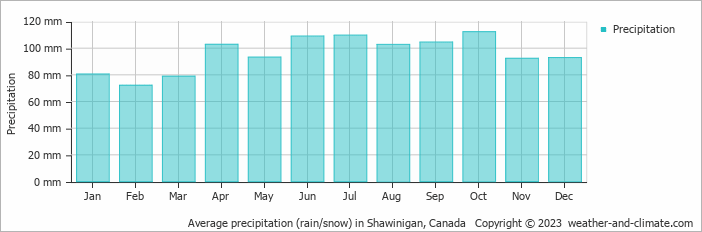 Average monthly rainfall, snow, precipitation in Shawinigan, Canada