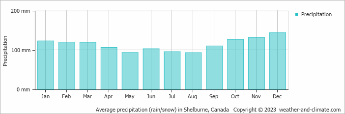 Average monthly rainfall, snow, precipitation in Shelburne, Canada