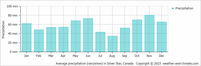 Average monthly rainfall, snow, precipitation in Silver Star, Canada