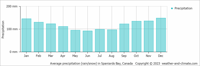 Average monthly rainfall, snow, precipitation in Spaniards Bay, Canada