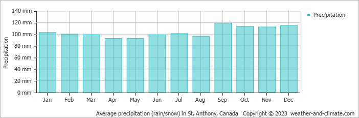 Average monthly rainfall, snow, precipitation in St. Anthony, Canada