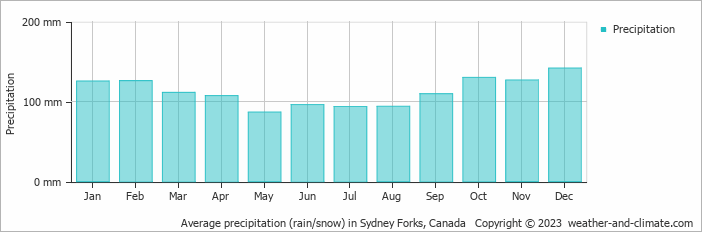 Average monthly rainfall, snow, precipitation in Sydney Forks, Canada