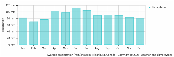 Average monthly rainfall, snow, precipitation in Tillsonburg, Canada