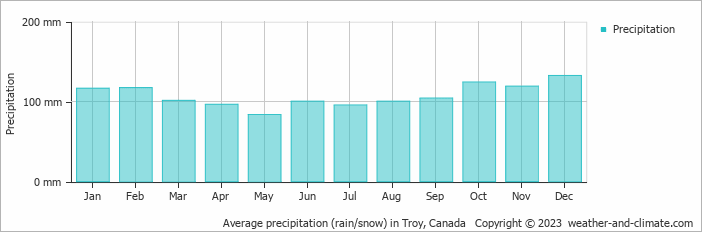 Average monthly rainfall, snow, precipitation in Troy, Canada