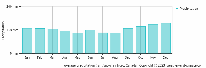 Average monthly rainfall, snow, precipitation in Truro, Canada