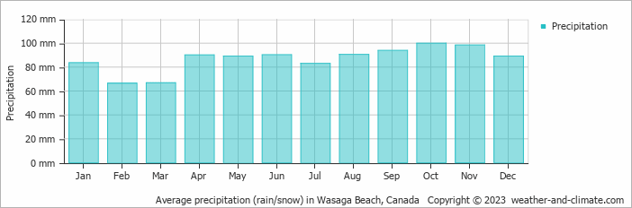 Average monthly rainfall, snow, precipitation in Wasaga Beach, Canada