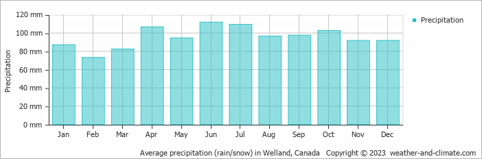 Average monthly rainfall, snow, precipitation in Welland, Canada