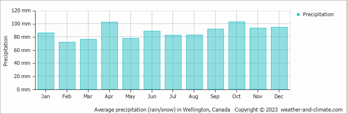 Average monthly rainfall, snow, precipitation in Wellington, Canada