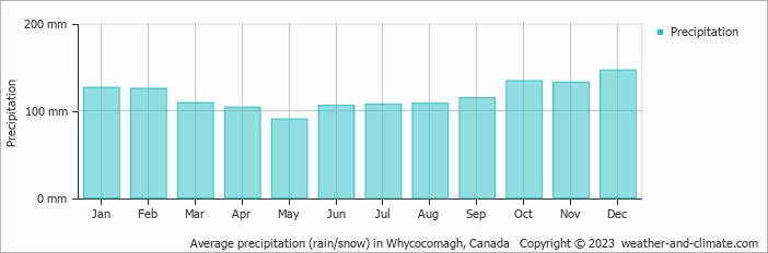 Average monthly rainfall, snow, precipitation in Whycocomagh, Canada