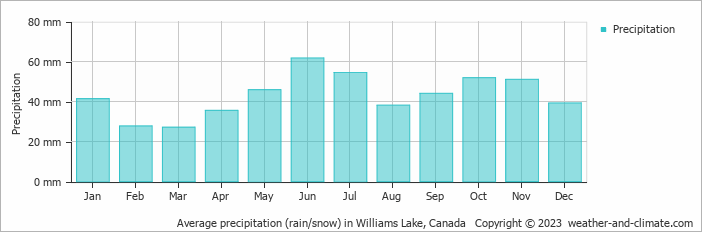 Average monthly rainfall, snow, precipitation in Williams Lake, Canada