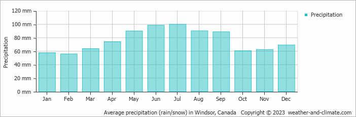 Average monthly rainfall, snow, precipitation in Windsor, Canada