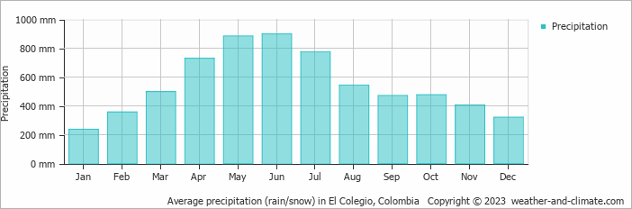 Average monthly rainfall, snow, precipitation in El Colegio, 