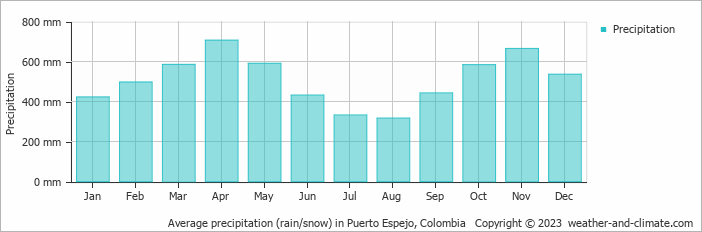 Average monthly rainfall, snow, precipitation in Puerto Espejo, Colombia