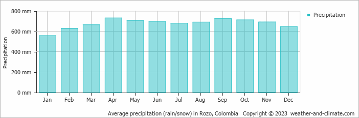 Average monthly rainfall, snow, precipitation in Rozo, Colombia
