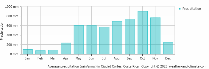 Average monthly rainfall, snow, precipitation in Ciudad Cortés, Costa Rica