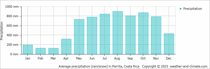 Average monthly rainfall, snow, precipitation in Parrita, 