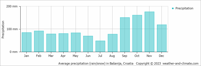 Average monthly rainfall, snow, precipitation in Bašanija, Croatia