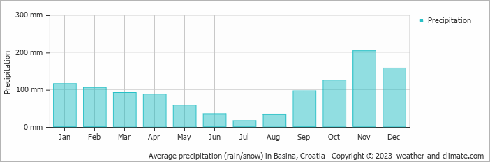 Average monthly rainfall, snow, precipitation in Basina, Croatia