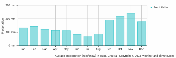 Average monthly rainfall, snow, precipitation in Brzac, Croatia