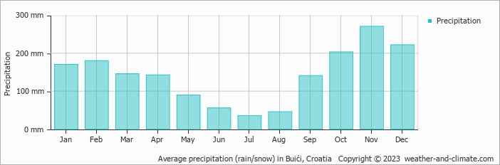 Average monthly rainfall, snow, precipitation in Buići, Croatia