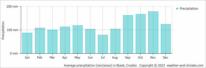 Average monthly rainfall, snow, precipitation in Buzet, 