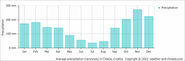 Average monthly rainfall, snow, precipitation in Čibača, Croatia
