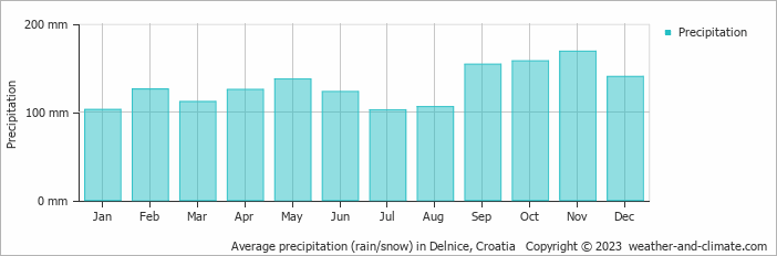 Average monthly rainfall, snow, precipitation in Delnice, Croatia