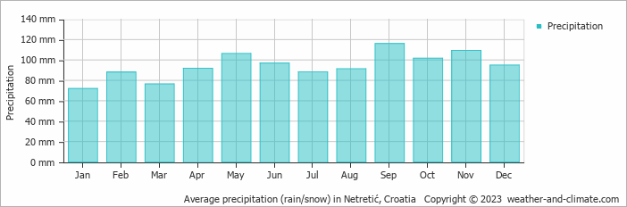 Average monthly rainfall, snow, precipitation in Netretić, 