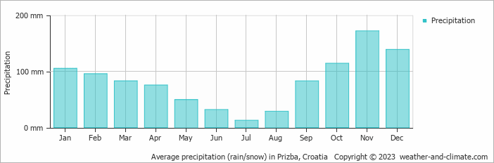 Average monthly rainfall, snow, precipitation in Prizba, 