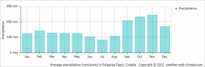 Average monthly rainfall, snow, precipitation in Pulgarija Čepić, Croatia