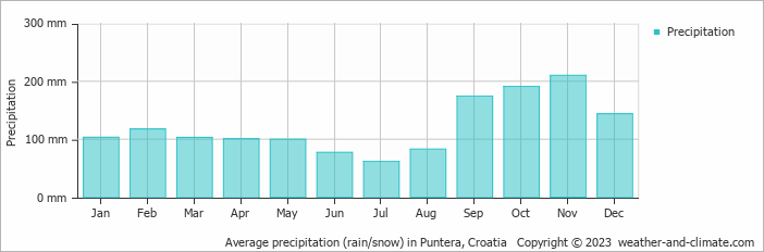Average monthly rainfall, snow, precipitation in Puntera, Croatia