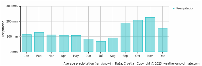 Average monthly rainfall, snow, precipitation in Raša, Croatia