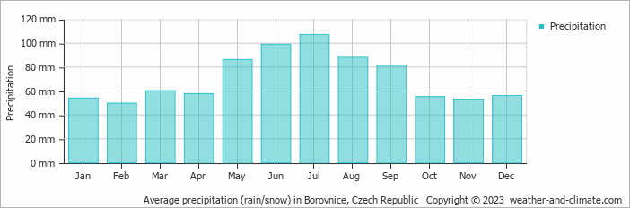 Average monthly rainfall, snow, precipitation in Borovnice, Czech Republic