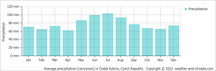 Average monthly rainfall, snow, precipitation in Česká Kubice, Czech Republic