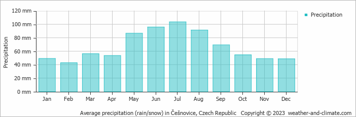 Average monthly rainfall, snow, precipitation in Češnovice, Czech Republic