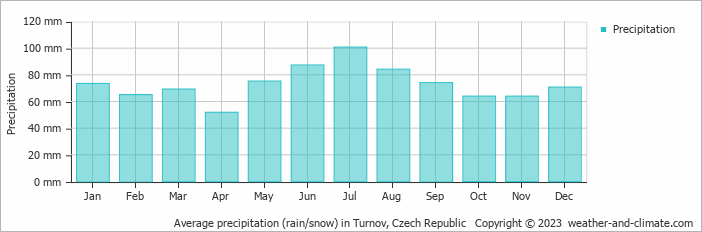 Average monthly rainfall, snow, precipitation in Turnov, Czech Republic