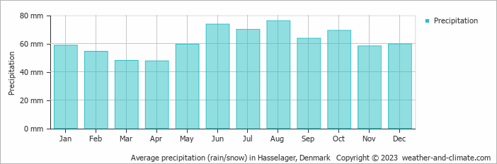 Average monthly rainfall, snow, precipitation in Hasselager, Denmark
