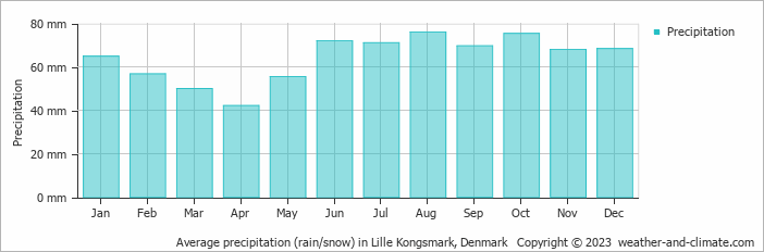 Average monthly rainfall, snow, precipitation in Lille Kongsmark, Denmark