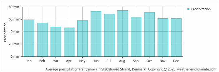 Average monthly rainfall, snow, precipitation in Skødshoved Strand, Denmark
