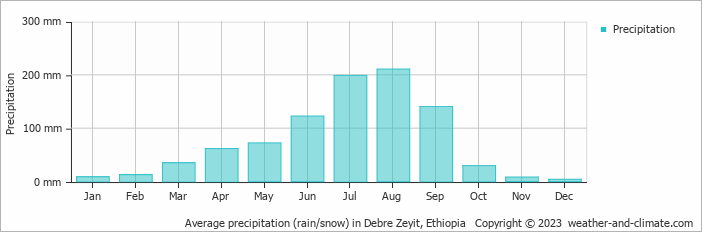 Average monthly rainfall, snow, precipitation in Debre Zeyit, Ethiopia