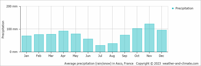 Average monthly rainfall, snow, precipitation in Asco, France
