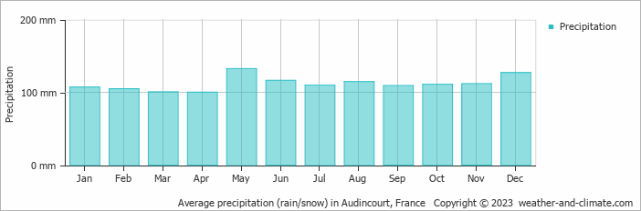 Average monthly rainfall, snow, precipitation in Audincourt, France