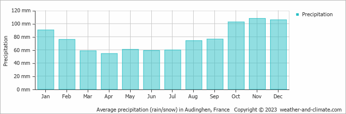 Average monthly rainfall, snow, precipitation in Audinghen, France