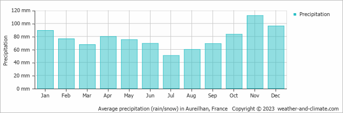 Average monthly rainfall, snow, precipitation in Aureilhan, France