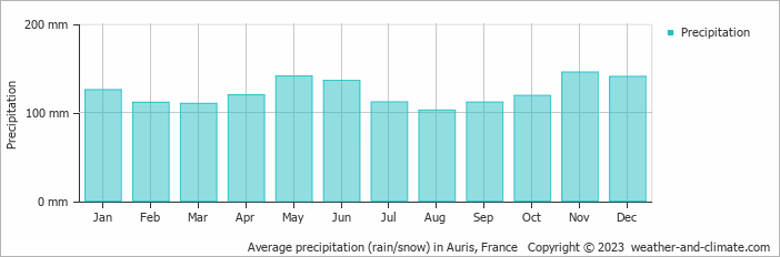 Average monthly rainfall, snow, precipitation in Auris, France
