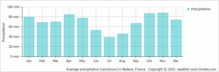 Average monthly rainfall, snow, precipitation in Badens, France