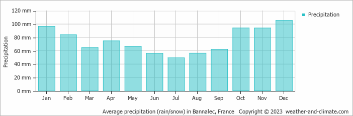 Average monthly rainfall, snow, precipitation in Bannalec, France
